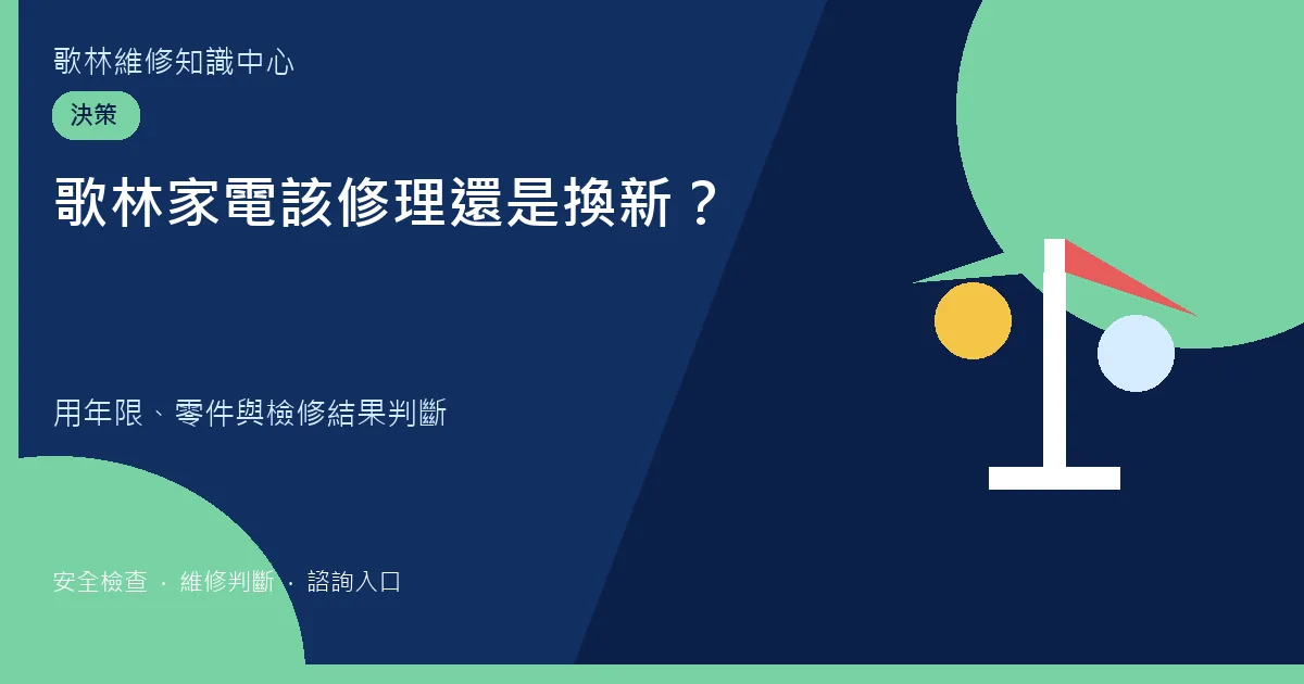 歌林家電修理還是換新比較圖卡，提示年限、零件與檢修結果